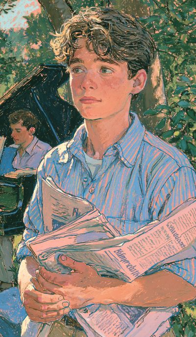 Boy Reading in Garden Illustration Poster. poster