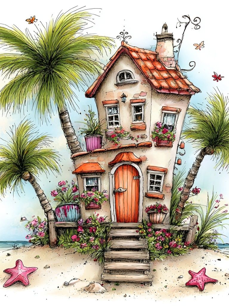 Tropical Beach Cottage Illustration Print. poster — illustration art
