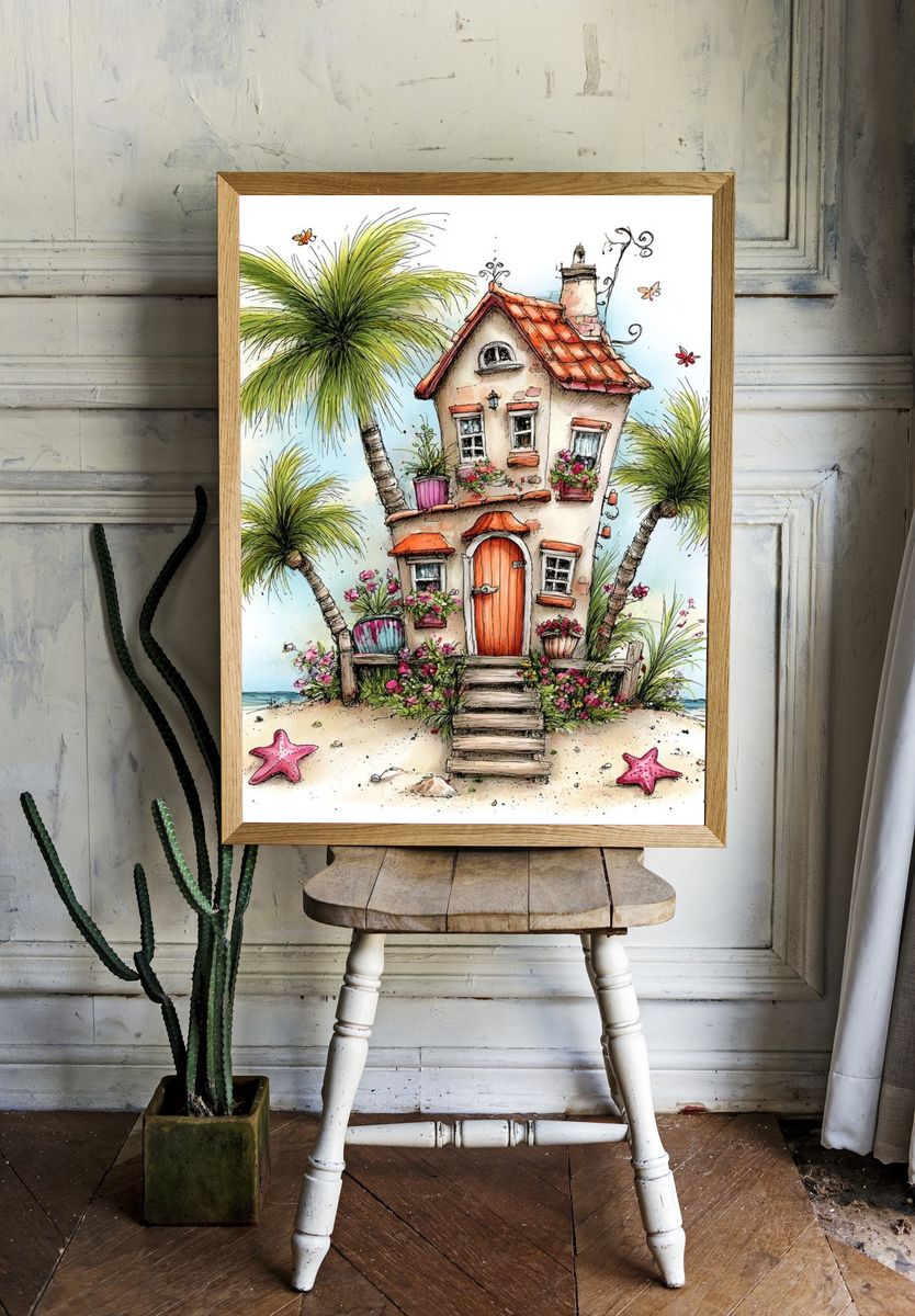 Tropical Beach Cottage Illustration Print. room preview