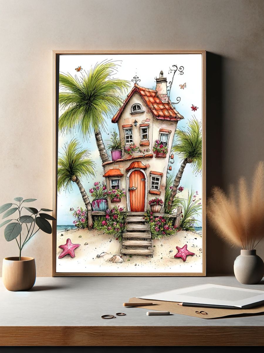 Tropical Beach Cottage Illustration Print. — room view 2