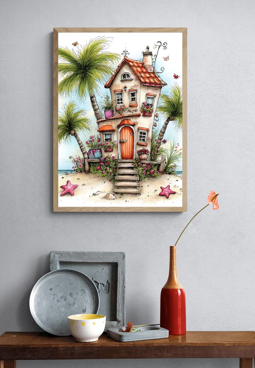 Tropical Beach Cottage Illustration Print. — room view 3