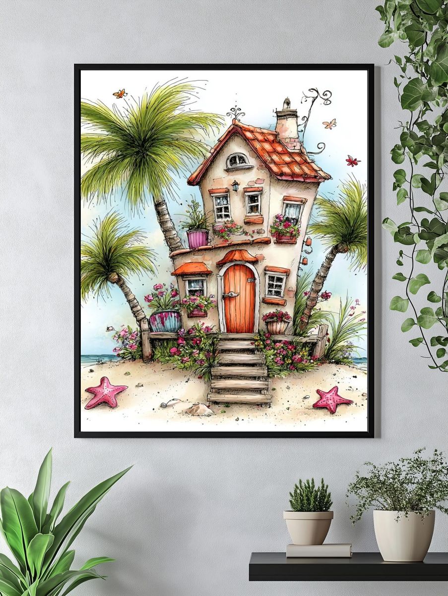 Tropical Beach Cottage Illustration Print. — room view 4