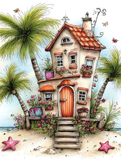 Tropical Beach Cottage Illustration Print.