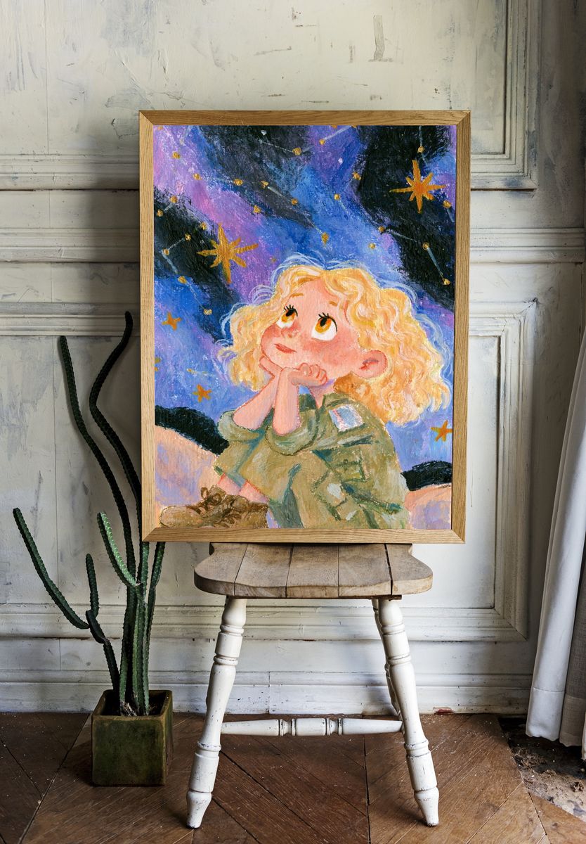Stargazing Girl Illustration Poster. room preview
