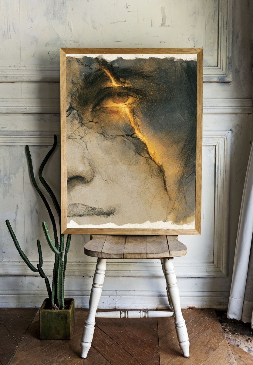 Golden Face Study Illustration Print. — room view 1