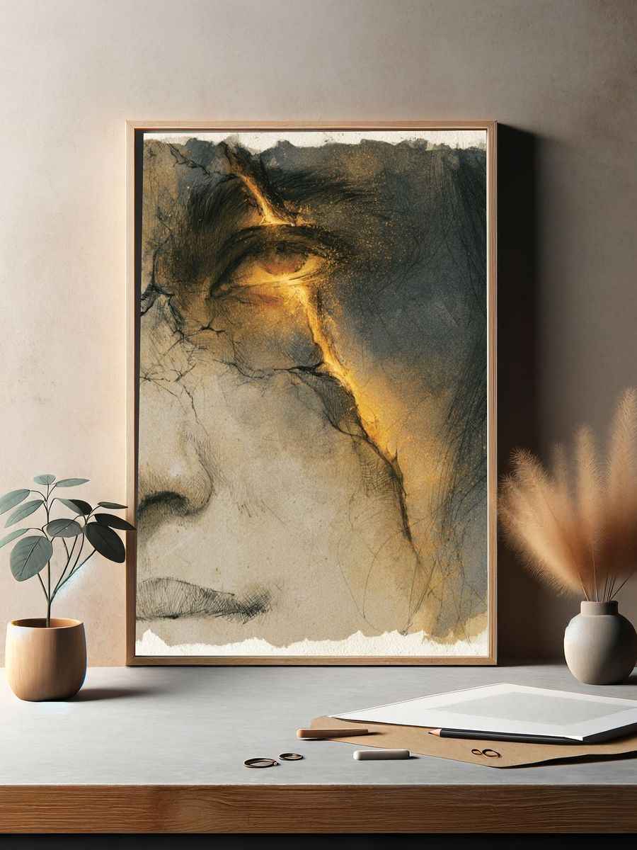 Golden Face Study Illustration Print. — room view 2
