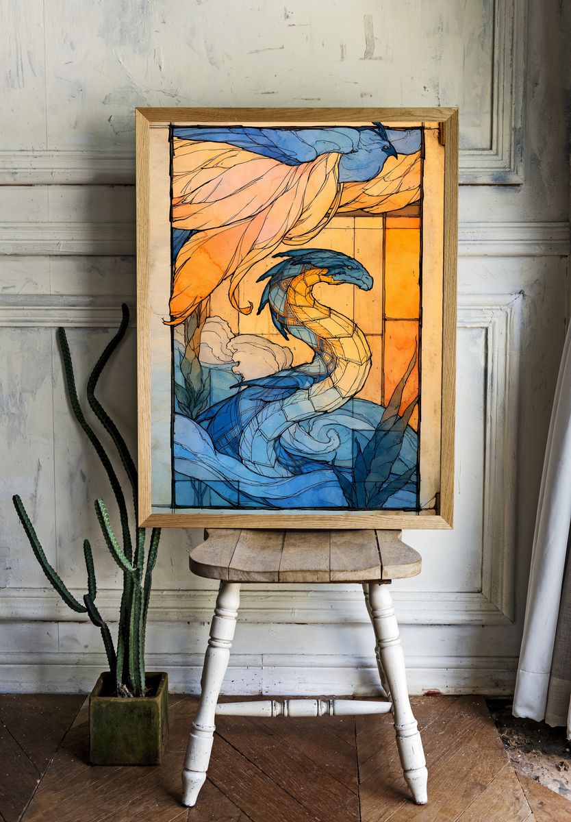 Blue Birds Stained Glass Poster. — room view 1