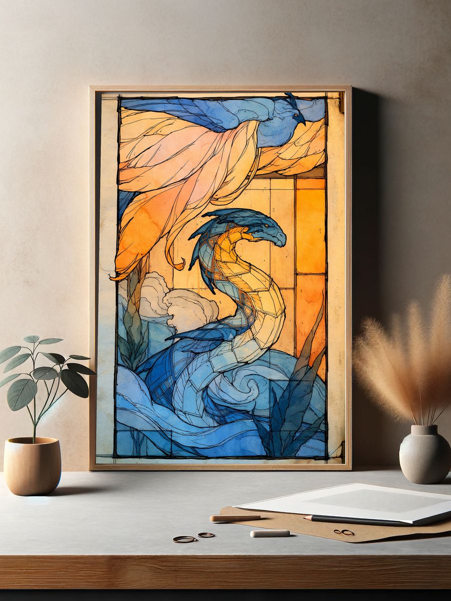Blue Birds Stained Glass Poster. — room view 2