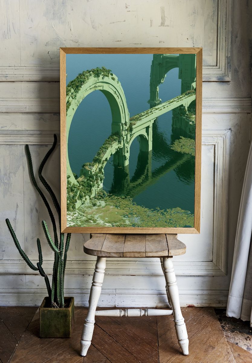Verdant Ruins Over Water Poster. room preview