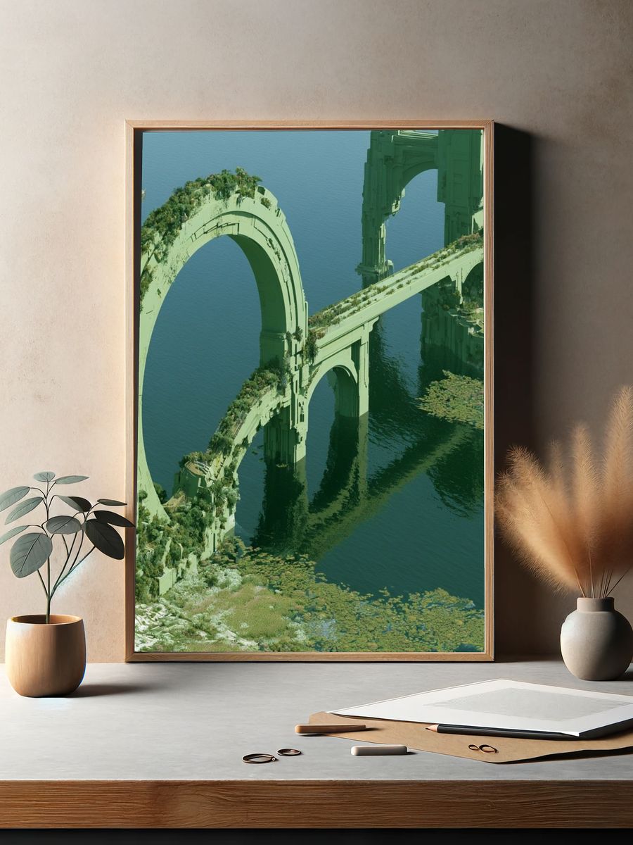 Verdant Ruins Over Water Poster. — room view 2