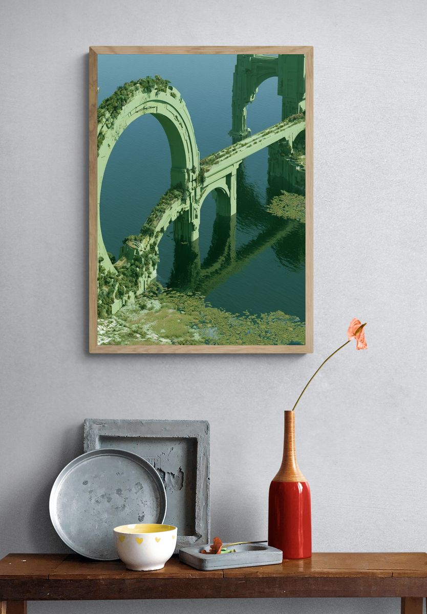 Verdant Ruins Over Water Poster. — room view 3