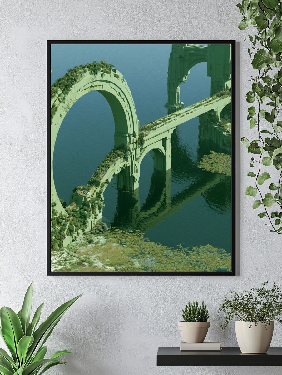 Verdant Ruins Over Water Poster. — room view 4