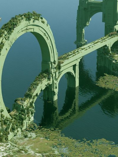 Verdant Ruins Over Water Poster. poster
