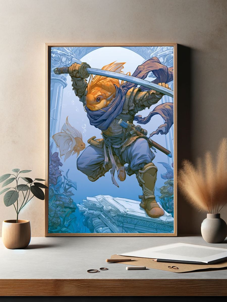 Fish Samurai Fantasy Illustration Poster. — room view 2