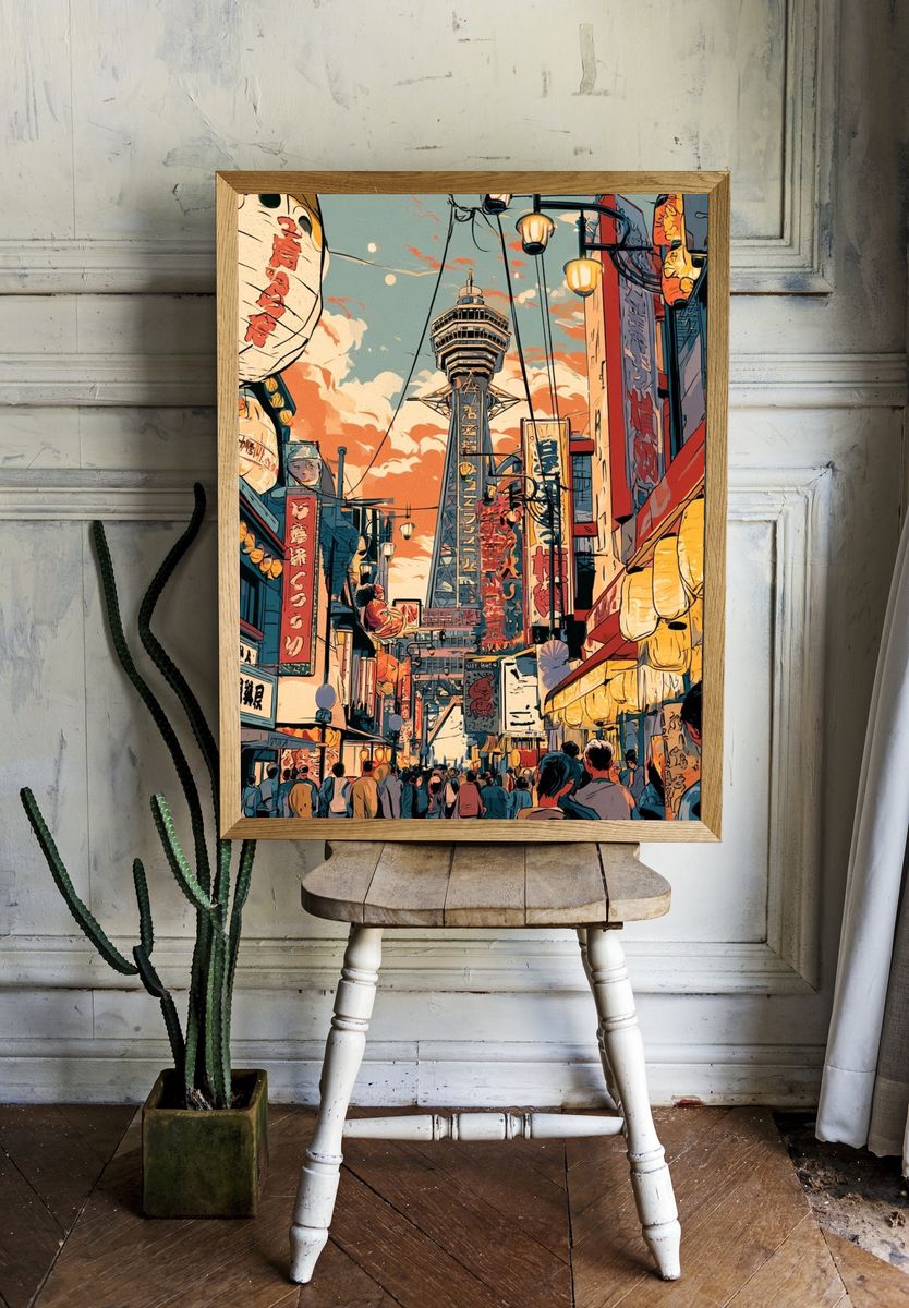 Osaka Street Tower Illustration Poster. room preview