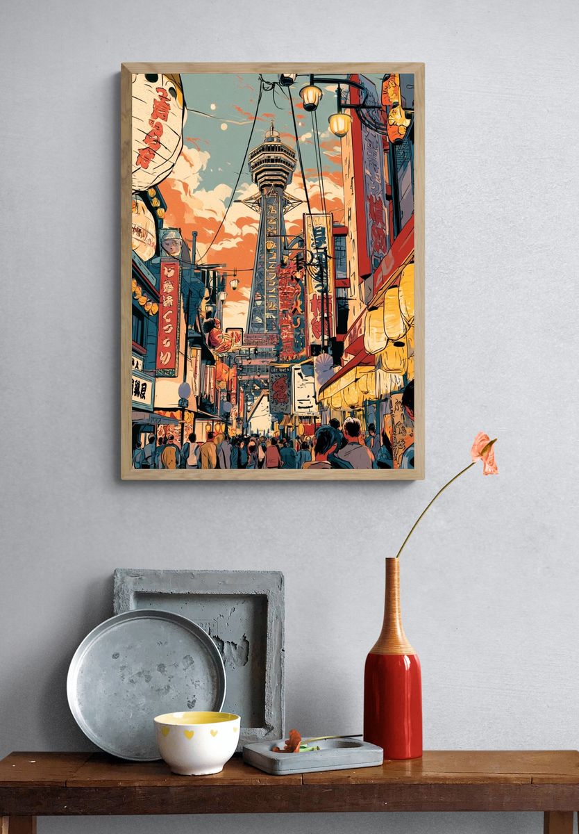 Osaka Street Tower Illustration Poster. — room view 3