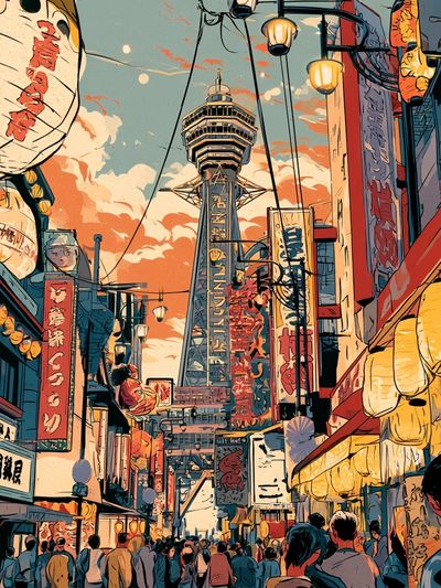 Osaka Street Tower Illustration Poster.