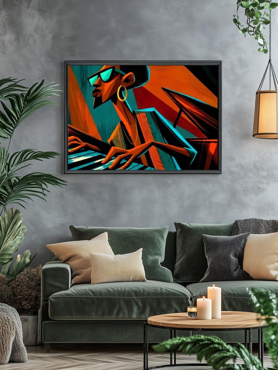 Stylized Jazz Pianist Illustration Poster. — room view 4