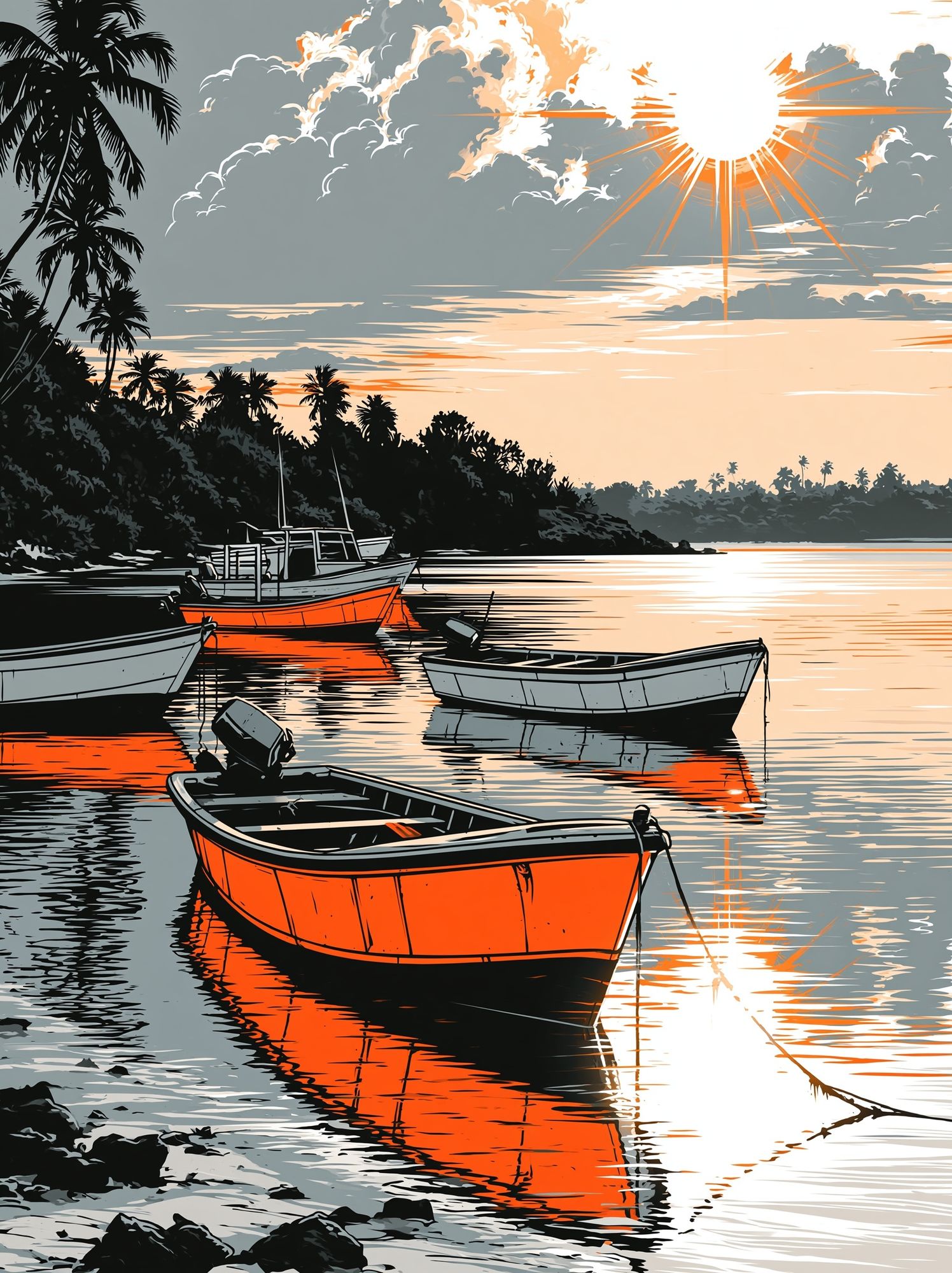 Tropical Sunset Boats Illustration Poster. poster — illustration art