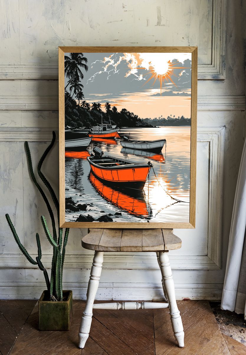 Tropical Sunset Boats Illustration Poster. — room view 1