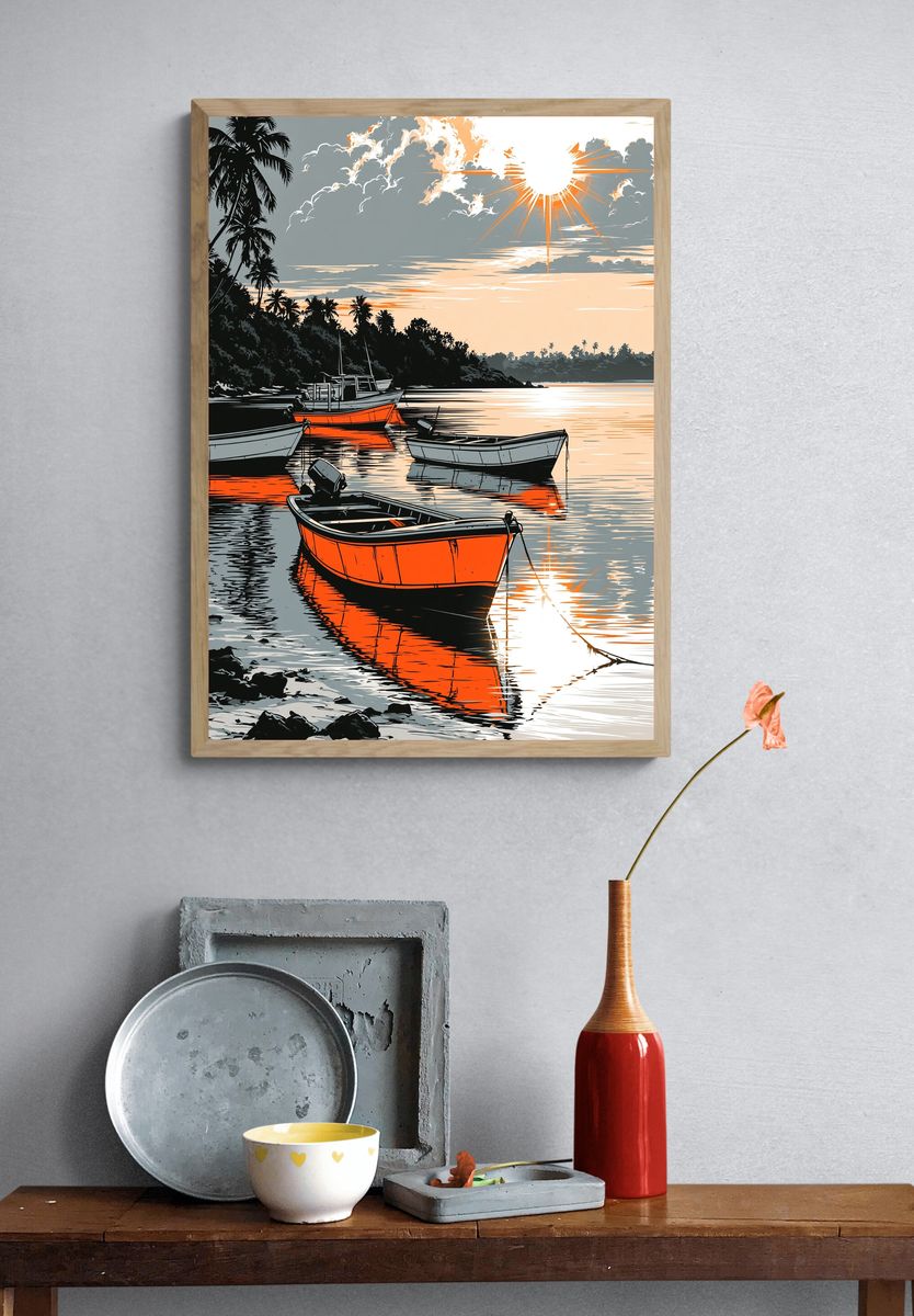 Tropical Sunset Boats Illustration Poster. — room view 3