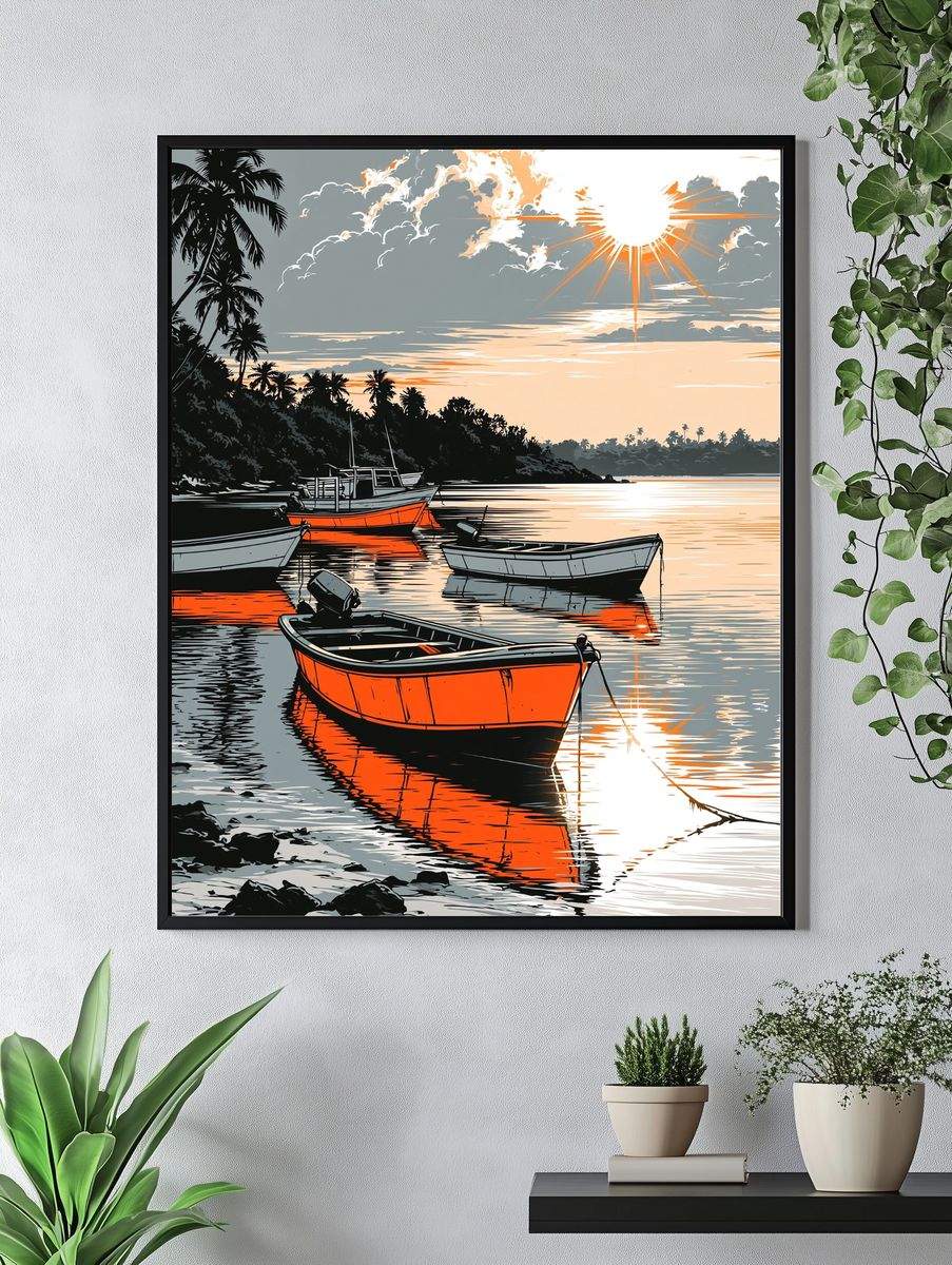 Tropical Sunset Boats Illustration Poster. — room view 4