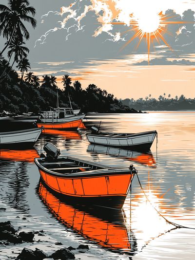 Tropical Sunset Boats Illustration Poster.