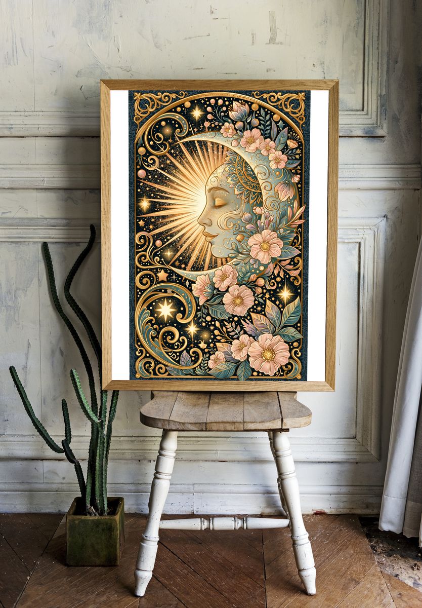 Celestial Moon Floral Illustration Poster. — room view 1