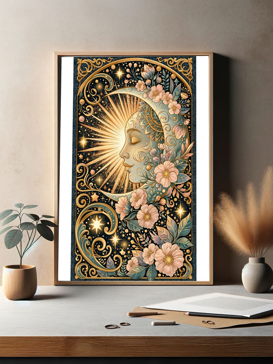 Celestial Moon Floral Illustration Poster. — room view 2