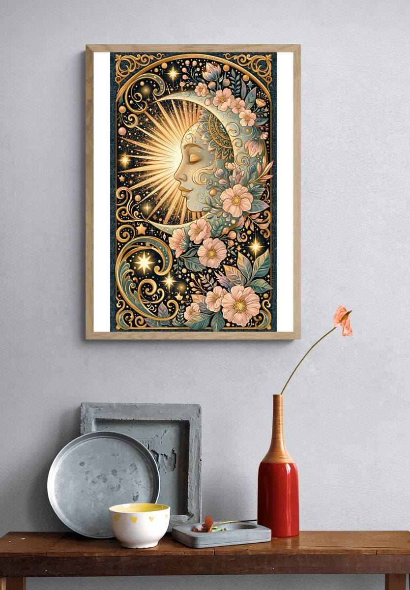 Celestial Moon Floral Illustration Poster. — room view 3