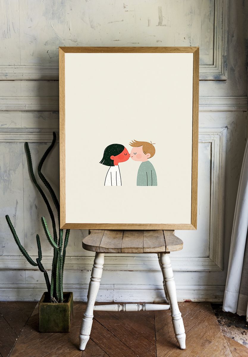 Kissing Couple Nursery Print. room preview