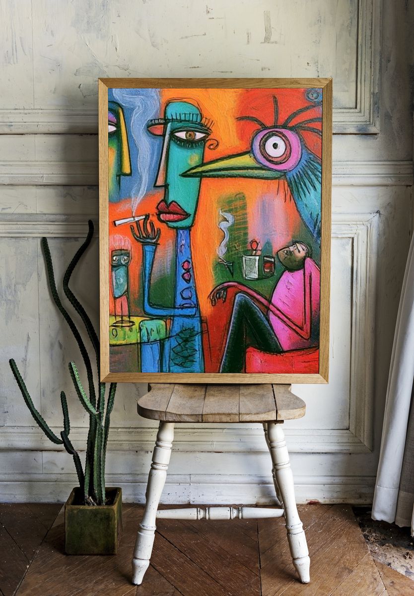 Surreal Faces and Bird Illustration Poster. room preview