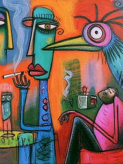 Surreal Faces and Bird Illustration Poster. poster