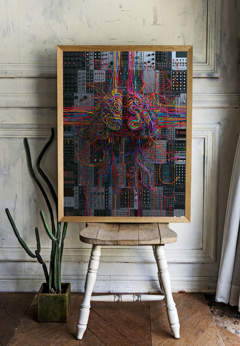 Neon Cable Brain Illustration Poster. room preview