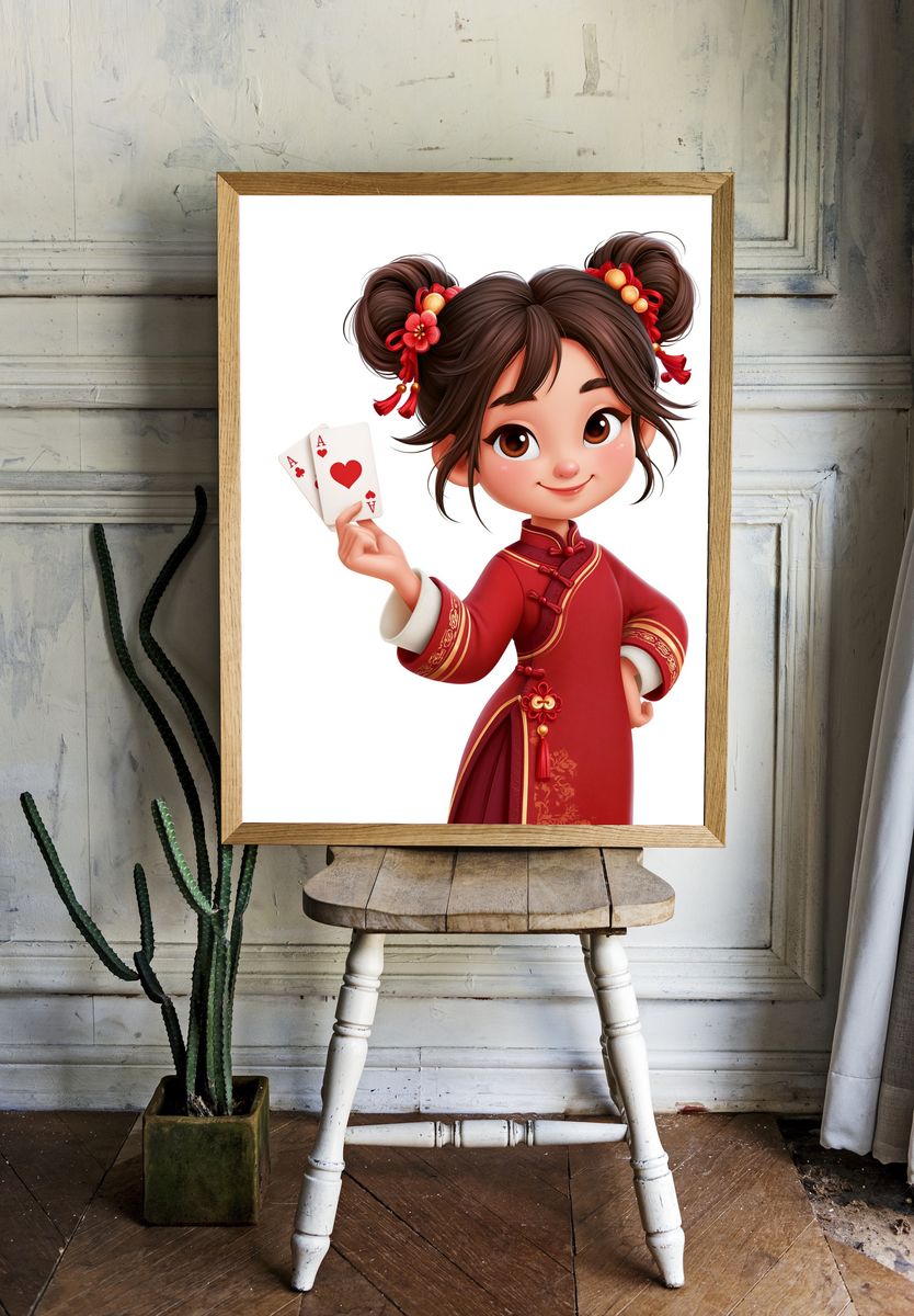 Lucky Girl with Cards Illustration Poster. — room view 1