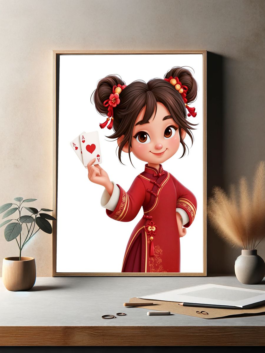 Lucky Girl with Cards Illustration Poster. — room view 2