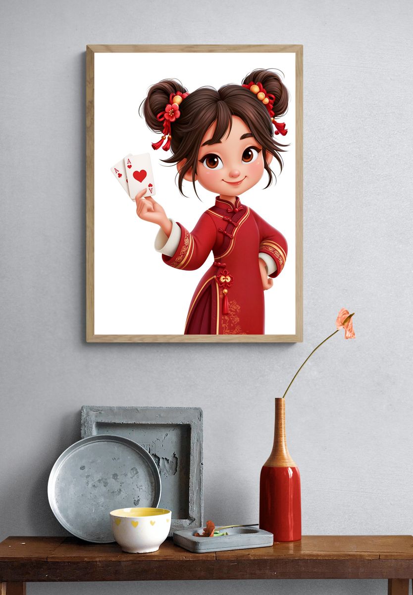 Lucky Girl with Cards Illustration Poster. — room view 3
