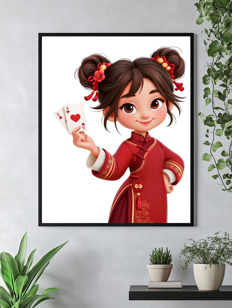 Lucky Girl with Cards Illustration Poster. — room view 4