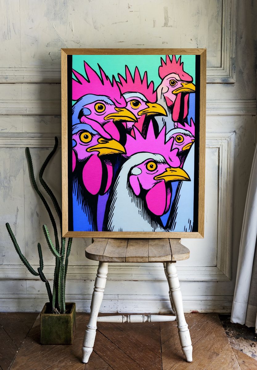 Pop Art Rooster Heads Poster. — room view 1