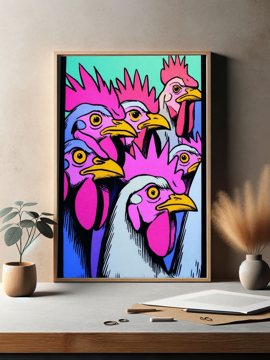 Pop Art Rooster Heads Poster. — room view 2