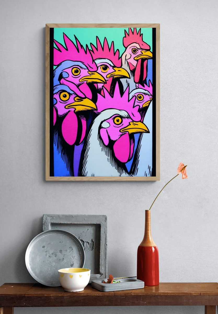 Pop Art Rooster Heads Poster. — room view 3