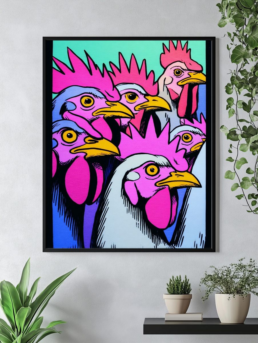 Pop Art Rooster Heads Poster. — room view 4
