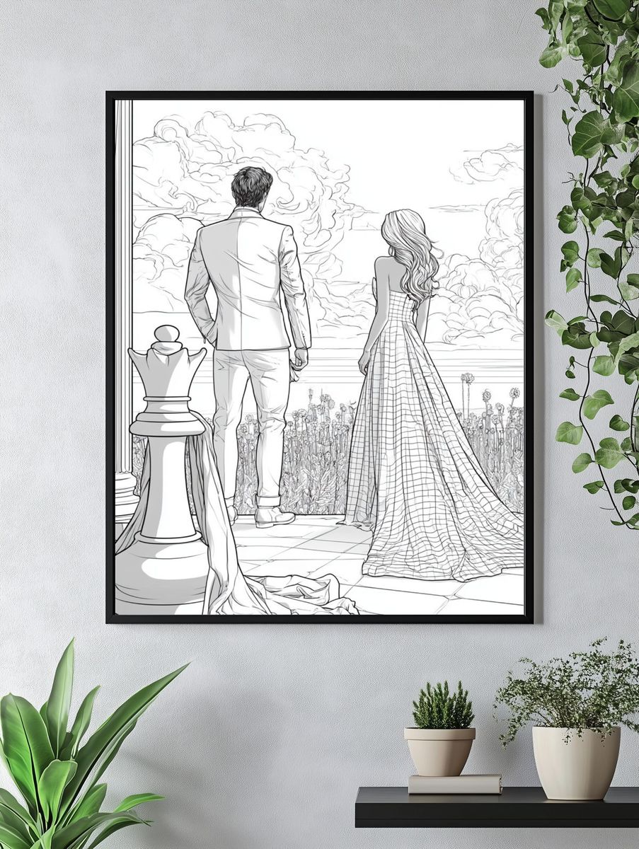 Romantic Balcony Couple Illustration Poster. — room view 4