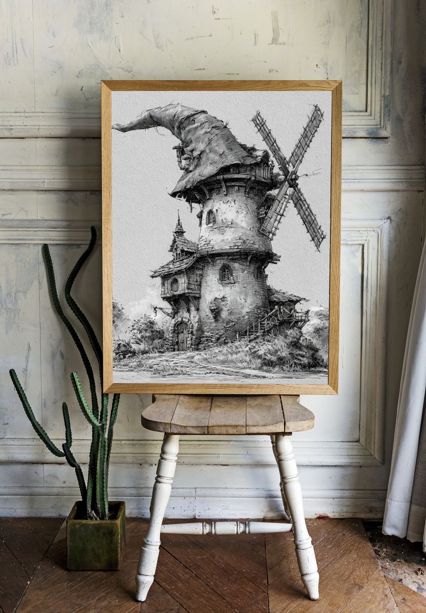 Fantasy Windmill Sketch Poster. room preview