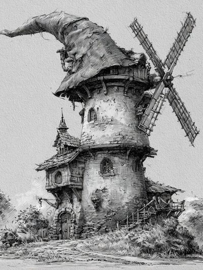 Fantasy Windmill Sketch Poster.