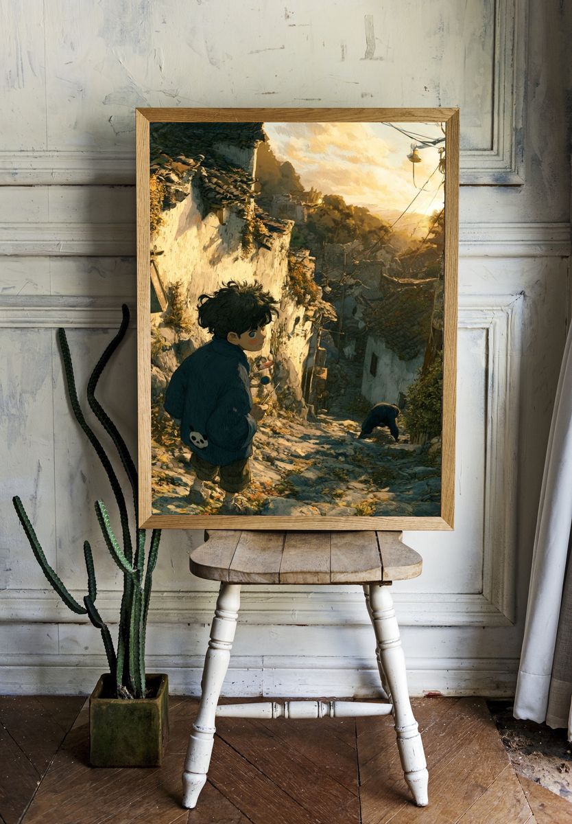 Boy in Sunlit Alley Illustration Poster. — room view 1