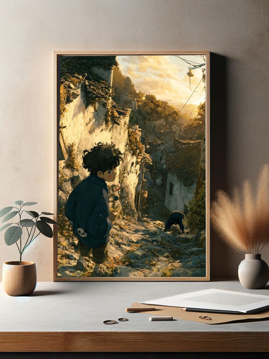 Boy in Sunlit Alley Illustration Poster. — room view 2