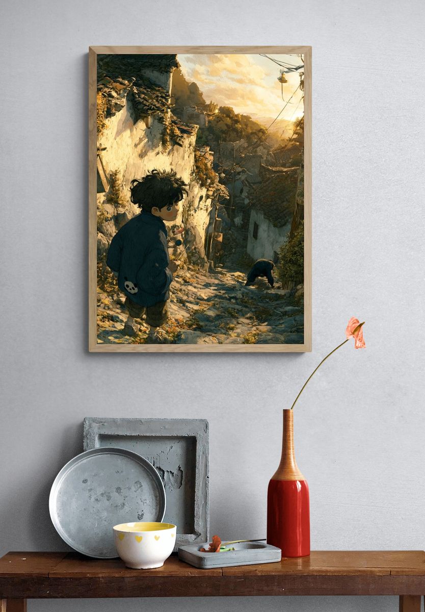 Boy in Sunlit Alley Illustration Poster. — room view 3