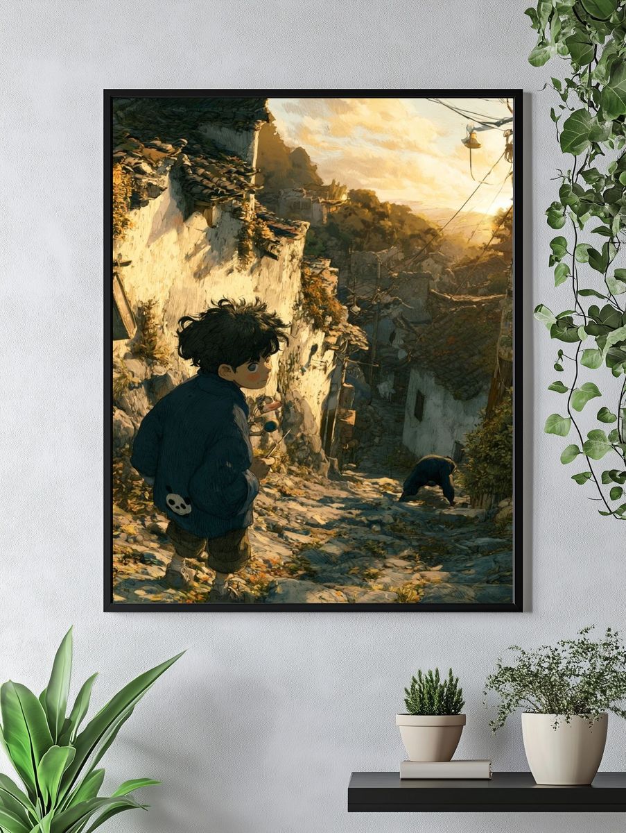 Boy in Sunlit Alley Illustration Poster. — room view 4