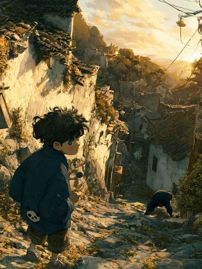 Boy in Sunlit Alley Illustration Poster.